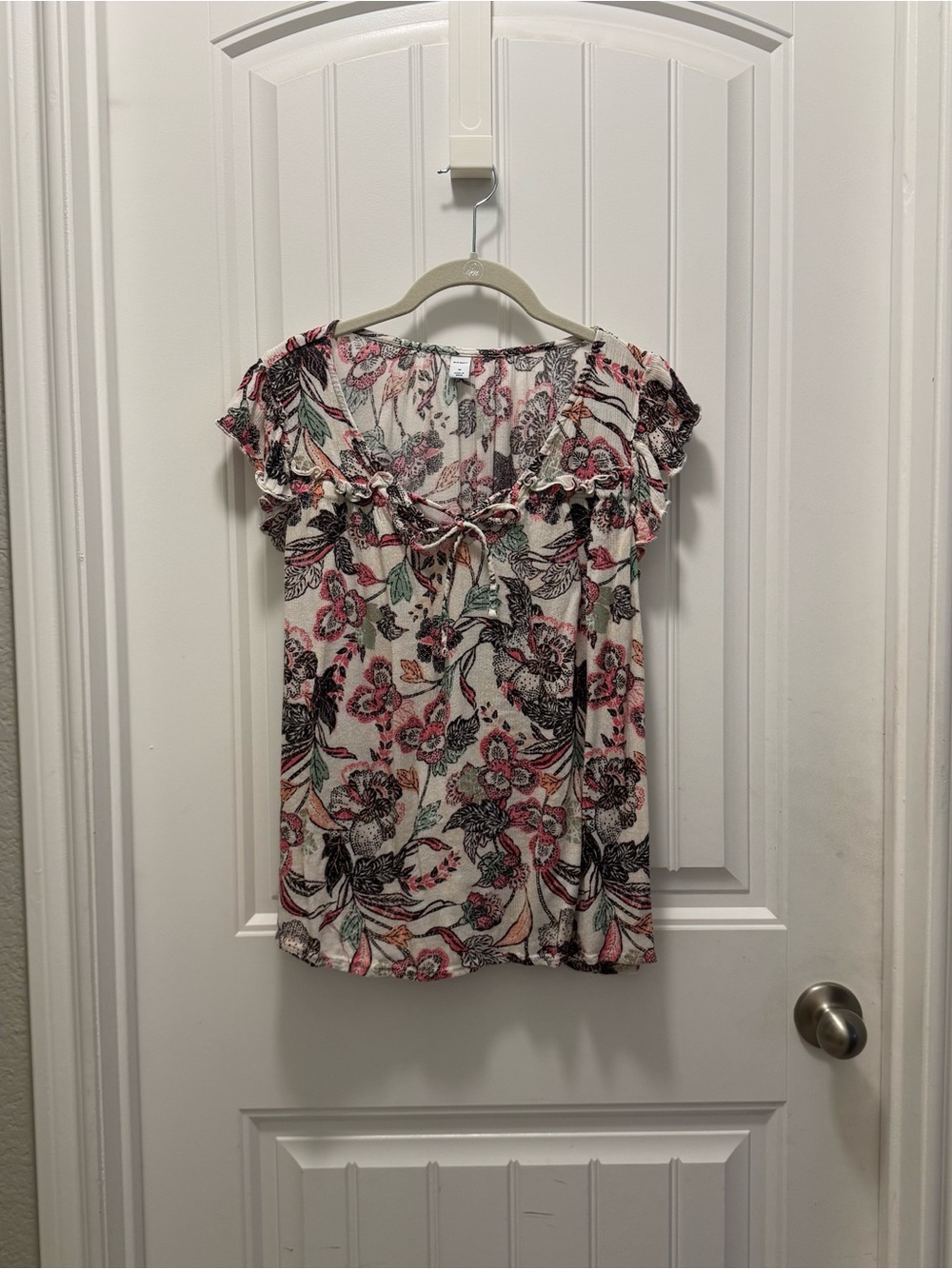 Old Navy Womens Ruffle Blouse Floral Flutter Short Sleeve Boho Cottagecore Sz M